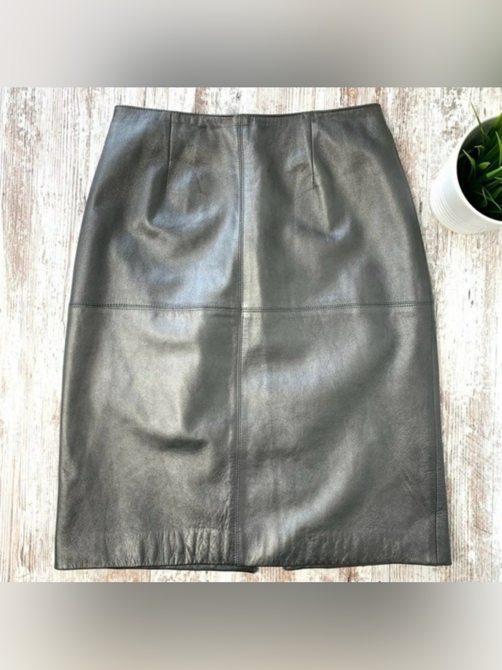JONES NEW YORK Metallic Gray Genuine Leather Pencil Skirt Womens Size 6 EUC